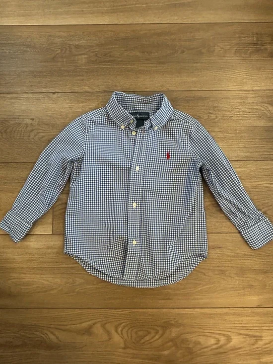 Ralph Lauren Boys 3T Blue Gingham Button Down Shirt Red Pony