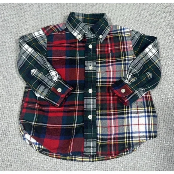 Ralph Lauren Baby Button Up 12 Months Red Blue Plaid Pony Performance Flannel