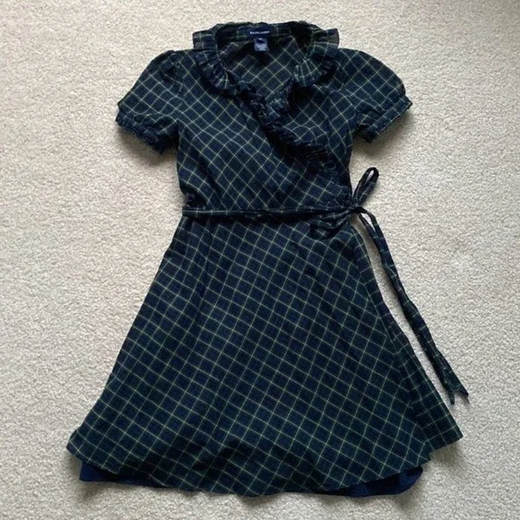 Ralph Lauren Girls Green Navy Plaid Ruffle Wrap Dress Cotton‎ Size 12 Preppy