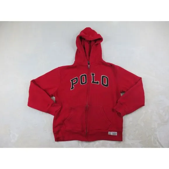 Ralph Lauren Sweater Boys Large Red Full Zip Spell Out‎ Hooded Kids Youth*
