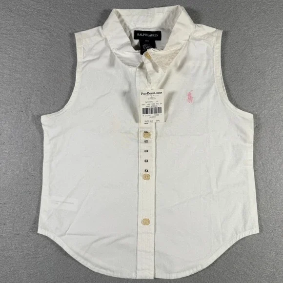 Ralph Lauren Girls White Sleeveless Button Down Shirt Pink Pony Logo Size 6X