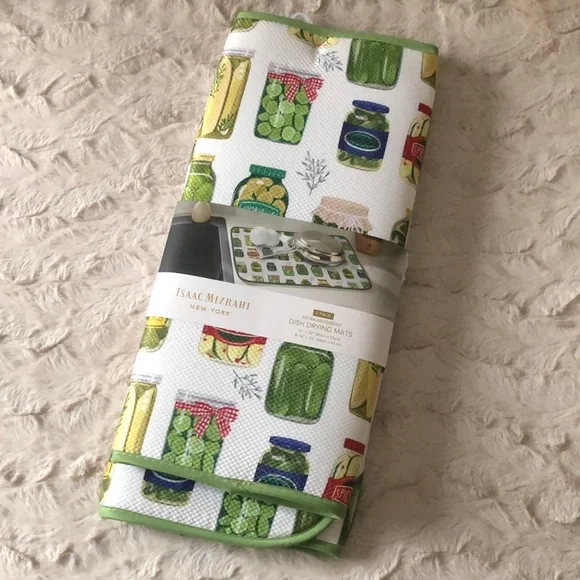 Isaac Mizrahi White Dish Drying Mats with Pickle Jar Print