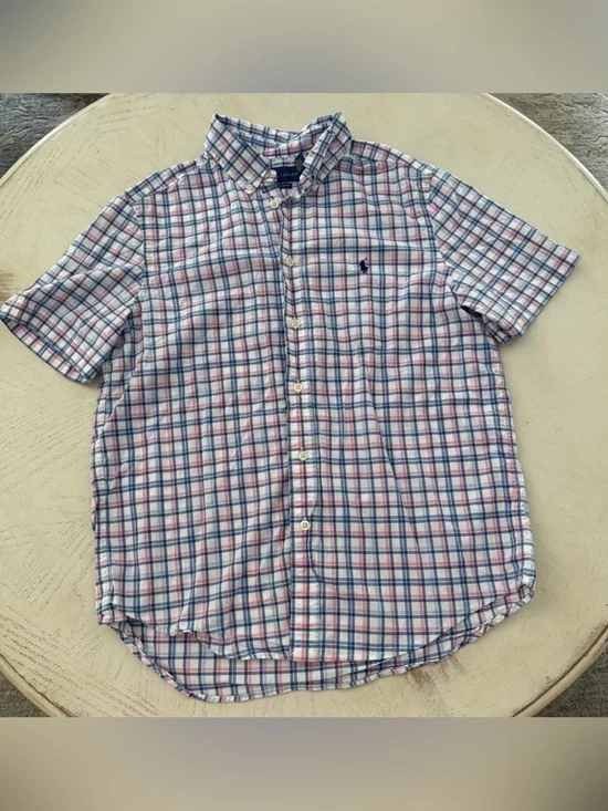 Boys Ralph Lauren Pink Blue Plaid Dress Shirt Sz Large 12/14