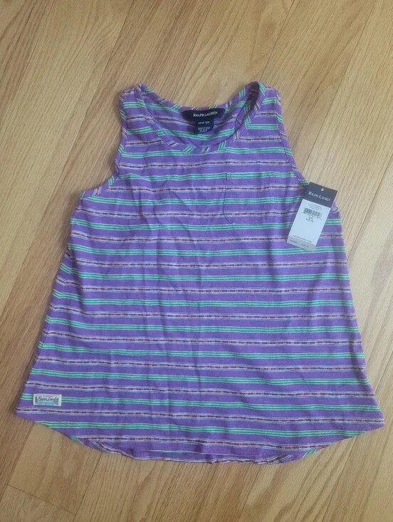 NWT Ralph Lauren Girls Purple And Green Striped Sleeveless Tank, Size 8/10