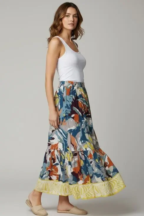 A3 NEW SOFT SURROUNDINGS Kara Tropical Floral Print Tiered Midi Skirt Size L