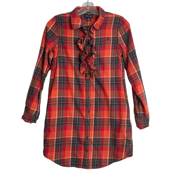 Ralph Lauren Plaid Dress Girls‎ 14 Multi Color Ruffle Preppy Long Sleeve Holiday