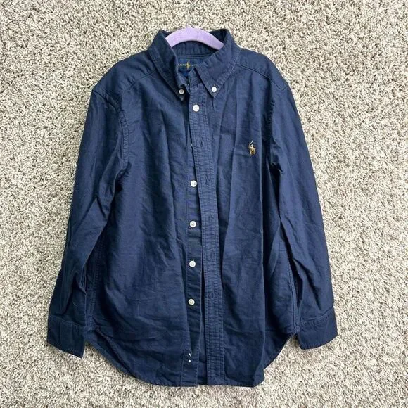Ralph Lauren Shirt Boys 8 Navy Blue Long‎ Sleeve Button Down