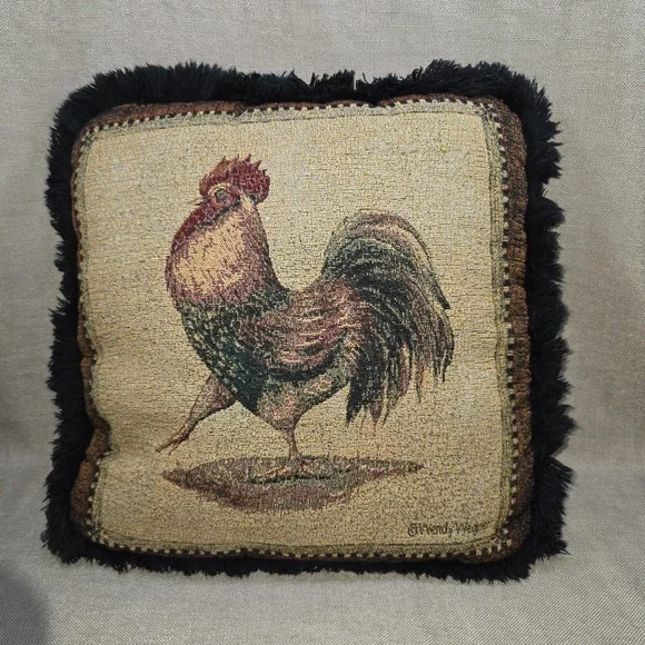 Vintage Borgata Wendy Wegner Tapestry black fringe Rooster Throw Pillow 16