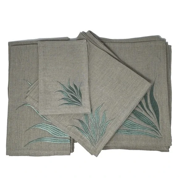 Viabrava 100%‎ Linen Embroidered Placemats Napkins 18 Pieces Botanical Tropical