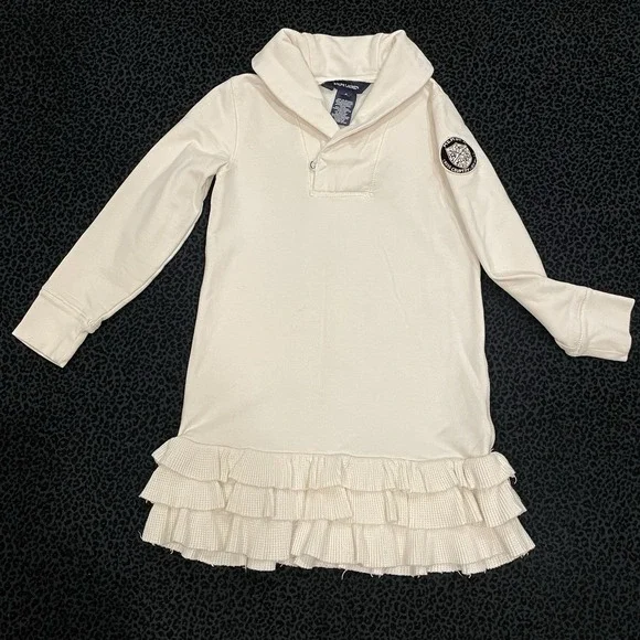 Ralph Lauren Girl's  Dress Ruffle Size 5 Back To School Cream Long Sleeves