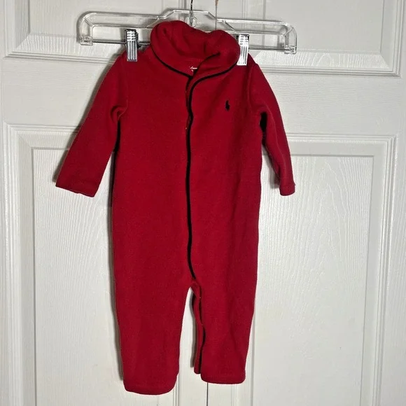 Ralph‎ Lauren Jumpsuit Baby 12M Red Knit One Piece Full Snap Closure Pony Logo
