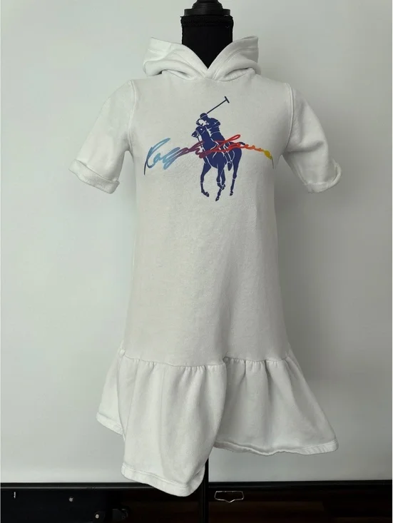 Polo Ralph Lauren Girls Hooded Sweatshirt Dress White Big Pony Size 12-14 L