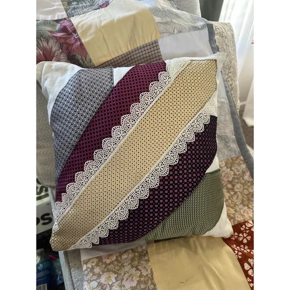 Vintage Necktie Patchwork Pillow Silk-Feel Menswear Accent Cushion Lace Trim
