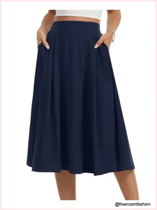 Midi Flowy A-Line Skirt with Pockets Elastic Waist High Waisted Below Knee