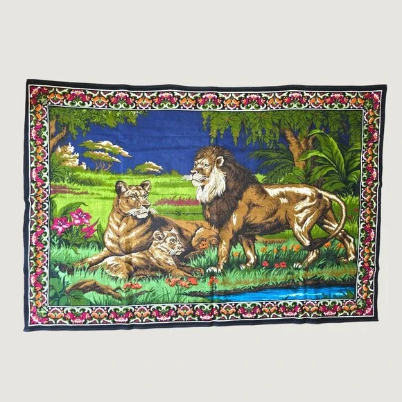 Vintage Lion Family Jungle Woven Wall Hanging Tapestry 58x38 Safari Wildlife