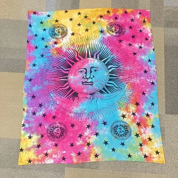 Psychedelic Sun Moon Stars Tie Dye Mandala Tapestry Hippie Hippy Celestial Wall