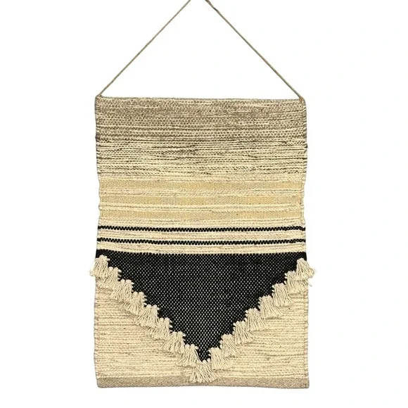 Threshold Woven Geometric Wall Hanging Tassel Trim Beige Black Boho Decor 18x25