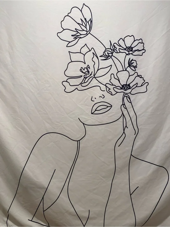 Minimalist Floral Line Art Tapestry - Black on White