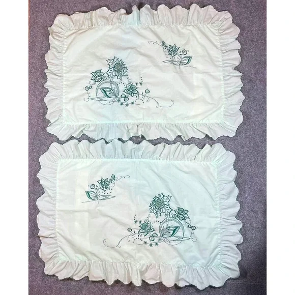 Vintage Pillow Shams Set of 2 Standard Mint Green Floral Embroidered Ruffled
