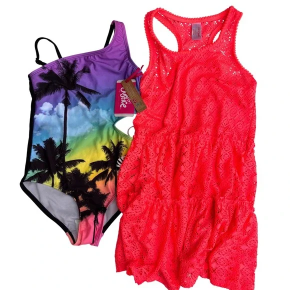 One-Piece Swimsuit‎ Cover-Up Girls 10/12 Pink Rainbow NWT