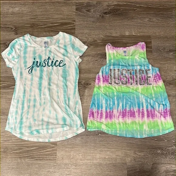 Lot of 2 Justice Rie Dye Glitter Logo Shirts T shirt & tank top