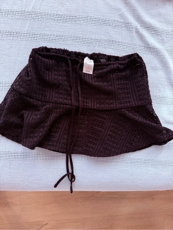 Black Crochet Drawstring Mini Skirt