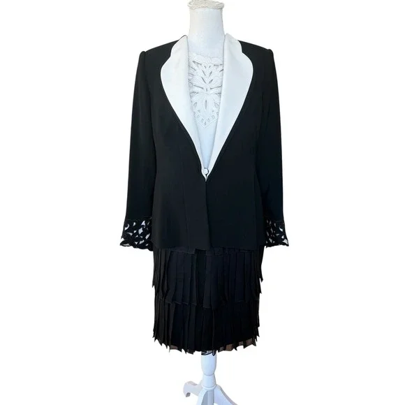 Fe Zandi Beverly Hills 3 Piece Skirt Suit Set Black White Embroidered Size 6
