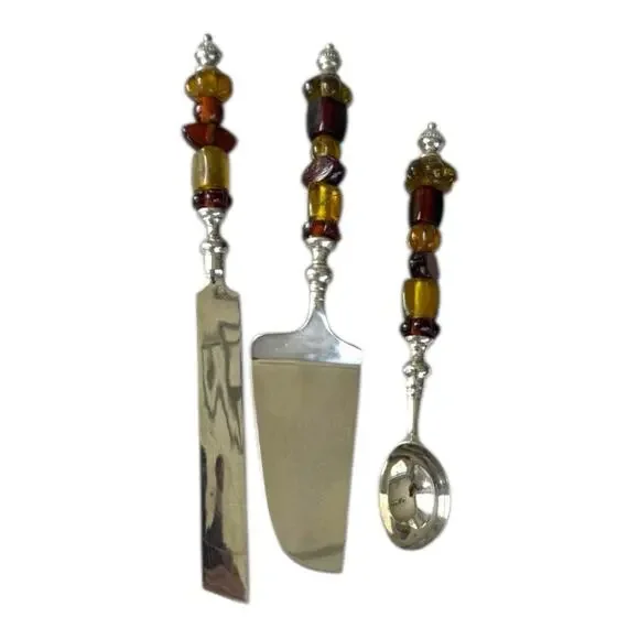 Wedding Cake Server Set & Ice Cream Scoop w/Amber Glass Beaded Handles India EUC