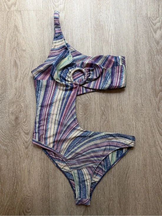 Frankie's Bikinis Purple Shimmery Stripe One Piece Swimsuit (One-Shoulder)