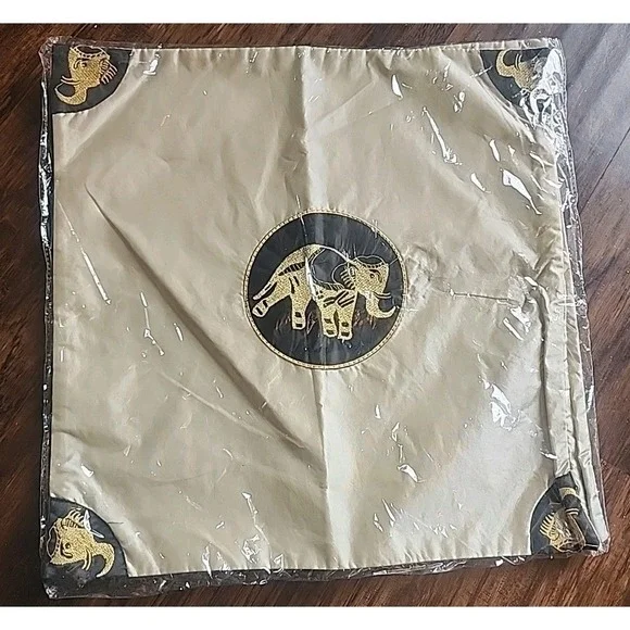 Thai Elephant Applique Pillow Cushion Covers Gold Tan Chinese Silk New 16×17
