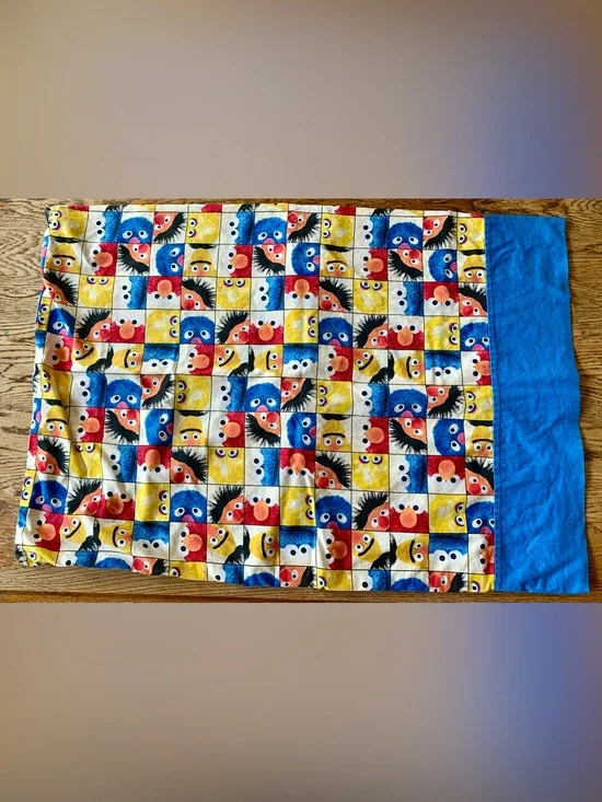 Colorful Sesame Street Character Pillowcase - Blue, Yellow, Red Grid Handmade