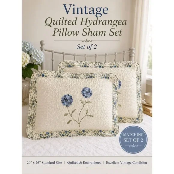 Vintage Quilted Hydrangea Pillow Sham Set of 2 Embroidered Cottagecore Bedding
