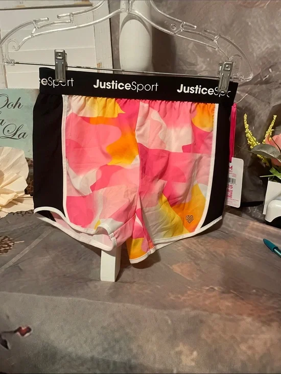 Justice Sport Pink & Yellow Camo-Print Athletic Shorts with Black Panels