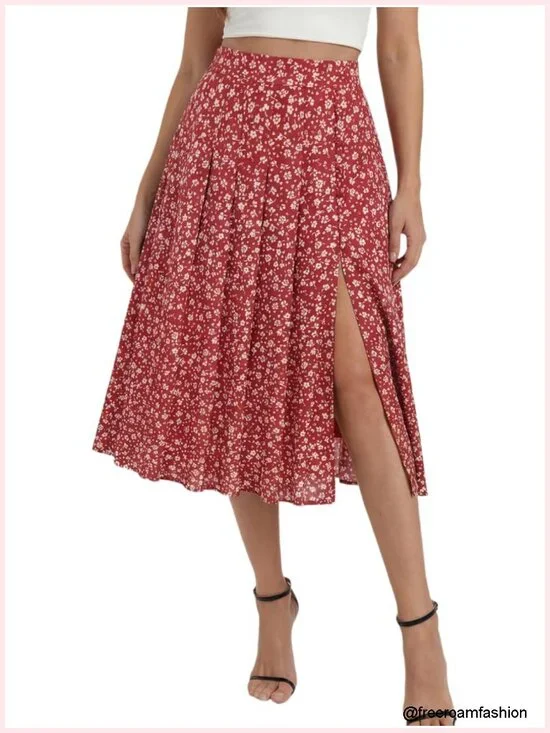 Women's Floral Midi Skirt with Slit High Waist Pleated A-Line Pockets Adjustable