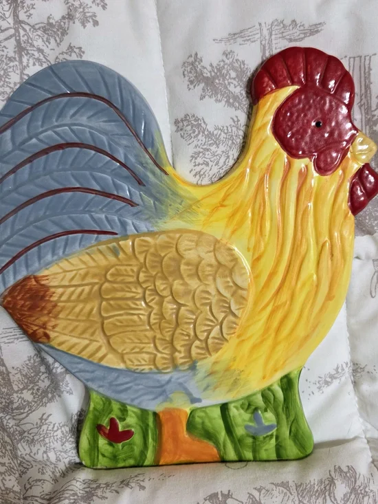 Ceramic Rooster Wall Plaque - Yellow & Blue Decorative Kitchen Accent