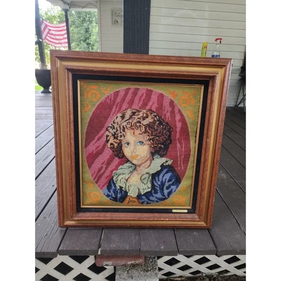 Vintage Antique Haunted Framed Needlepoint Tapestry French Blue Eyed Child Large