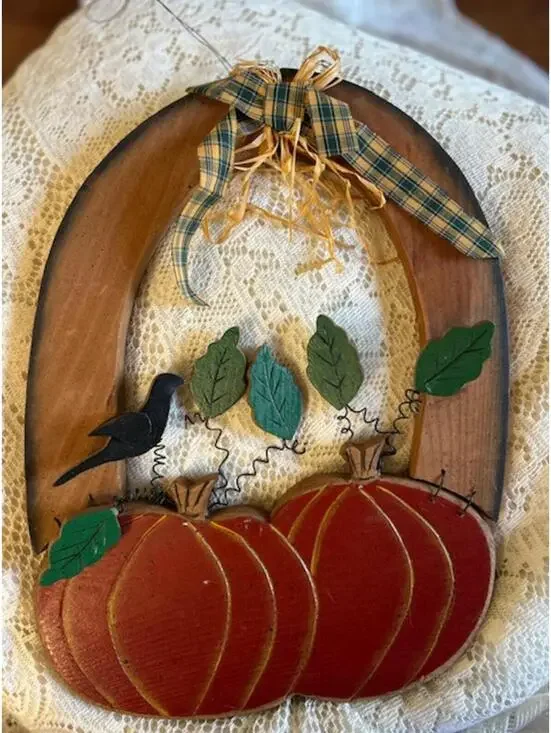 Rustic Wooden Pumpkin Basket Wall Decor with Bird and Leaves