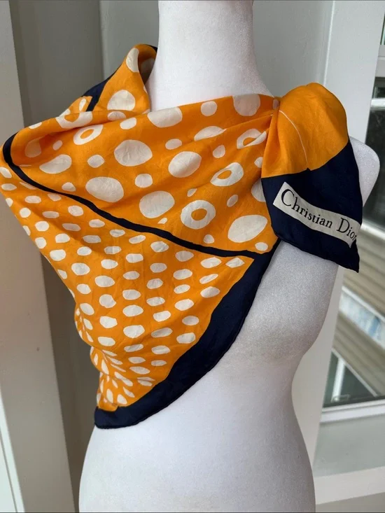 Vintage Christian Dior Orange White Navy Blue Polka Dot Silk Scarf 30” Sq