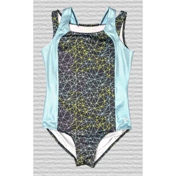 Justice Active Girls Leotard Size 14 Blue Gray Geometric Sparkly Double Strap