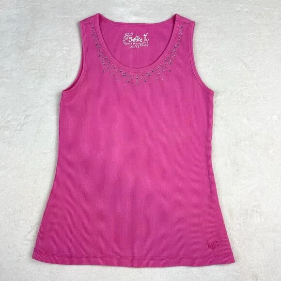 Vintage Y2K Justice Ribbed Tank Girls M Hot Pink Rhinestones Kawaii Bella Swan