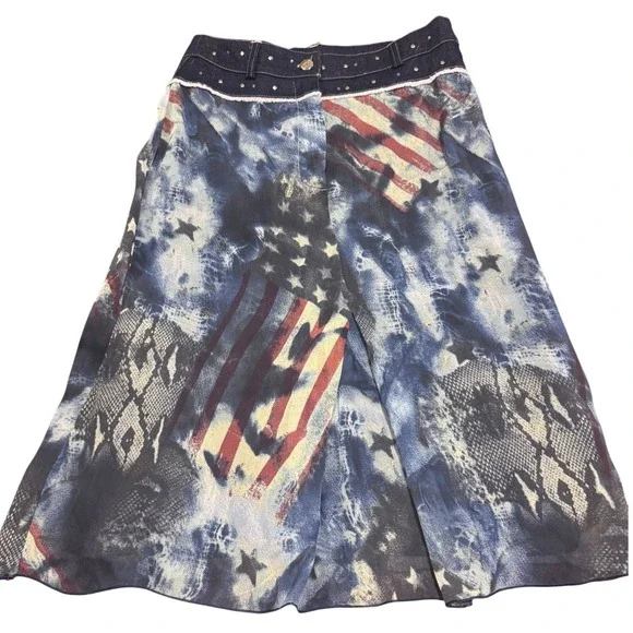 Sharagano Paris Y2K Americana Snakeskin Rhinestone Jean Waist Midi Skirt T1‎