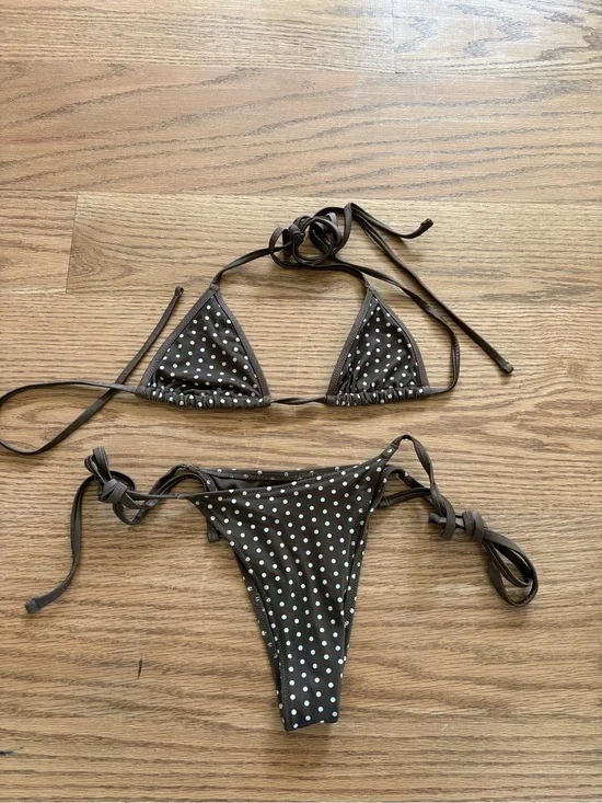 Frankie’s Bikinis Brown Swim Top with White Polka Dots