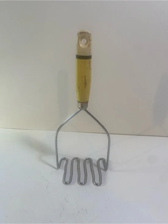 Vintage Wooden Yellow White Handle With Black Stripe Potato Masher