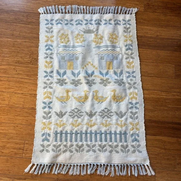 Vintage Folk Art Handwoven Rug | Blue, Yellow, Ducks | 26x40 + Fringe