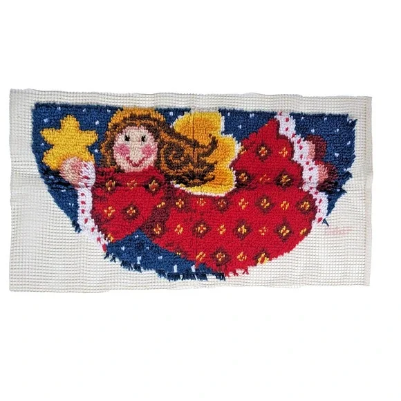Vintage Finished Latch Hook‎ Rug Angel Star Christmas Wall Hanging Holiday Decor