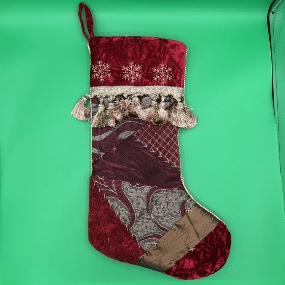 Christmas Stocking quilted Tapestry Tassels‎ Satin Ribbon Mixed Fabrics 18