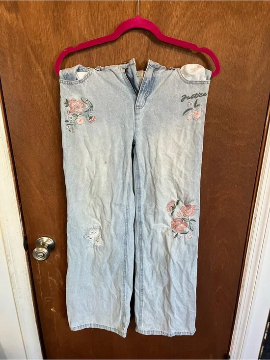 Justice Light Wash Denim Jeans with Pink Floral Embroidery