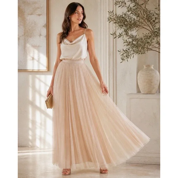 Adrianna Papell Beige Tulle‎ Maxi Skirt Women Size 12 Pleated Formal Evening