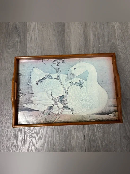 Vintage Cottage Core Farmhouse Wooden Swan Food Tray with Brass Handle Corners