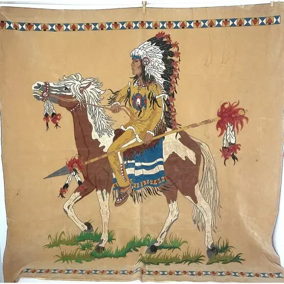 Vtg Native American Theme Indian Chief Warrior Horseback Painted Felt Wall Art